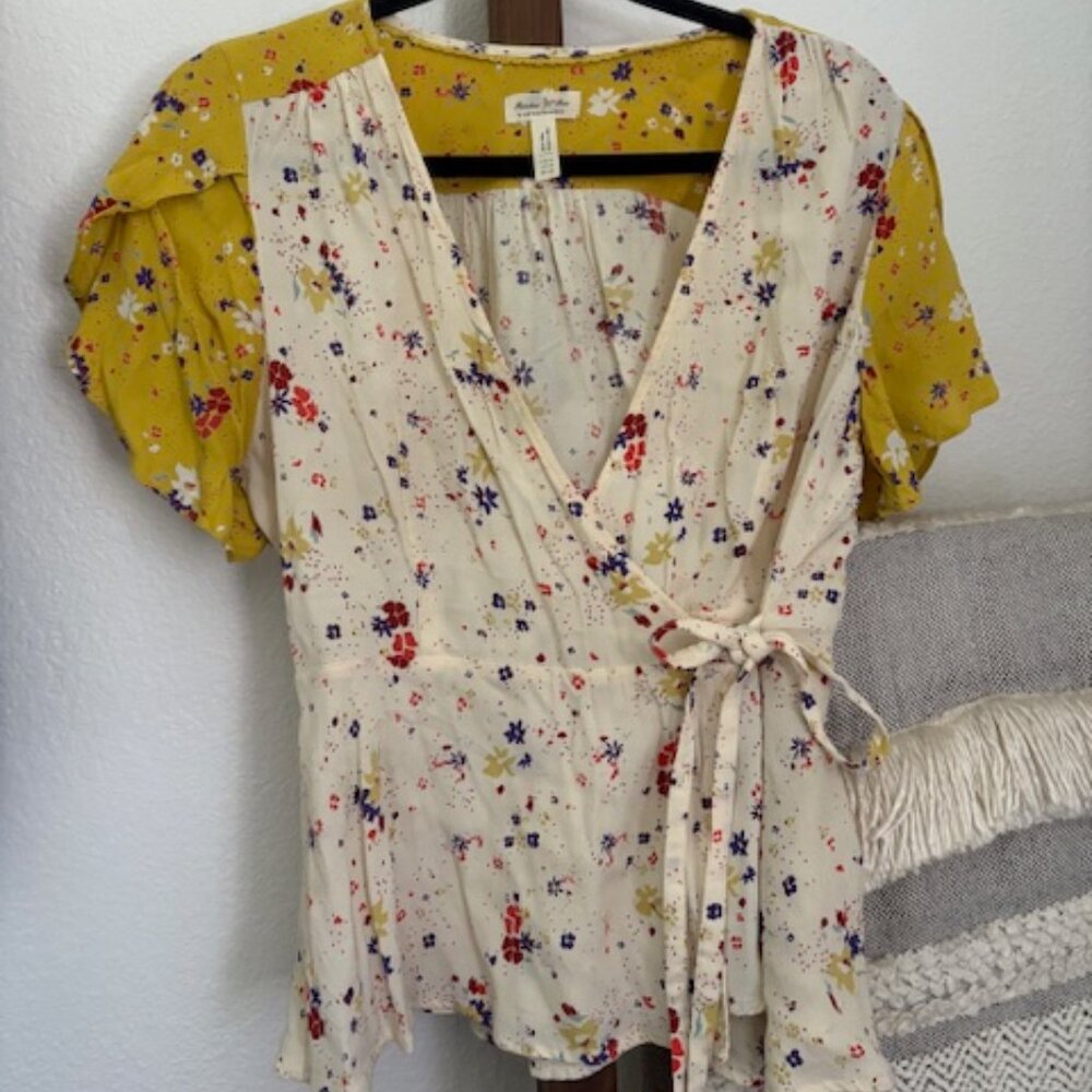 Floral Yellow and White Wrap Blouse with Tie